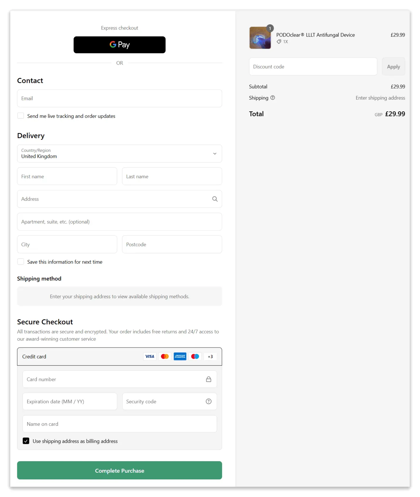 PODOclear LLLT Anti fungul Device secure checkout page
